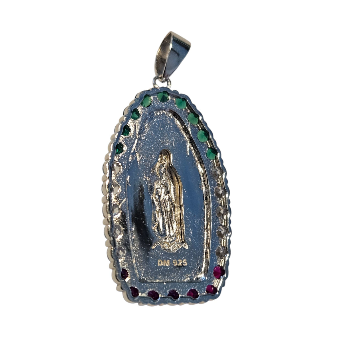 Silver Pendant of Virgin Mary with Green, White and Red Cubic Zirconias