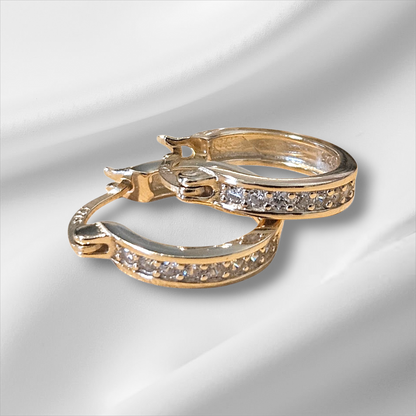 Flat Hoop Earrings 14K Gold Plated over Silver S925 14mm and 16mm with White Cubic Zirconia Stones