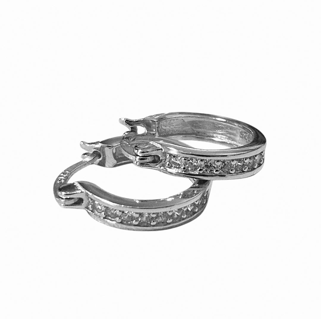 Flat Hoop Earrings Silver S925 14mm and 16mm with White Cubic Zirconia Stones