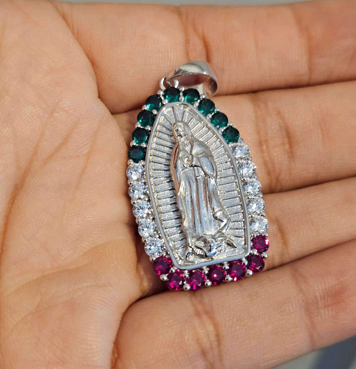 Silver Pendant of Virgin Mary with Green, White and Red Cubic Zirconias