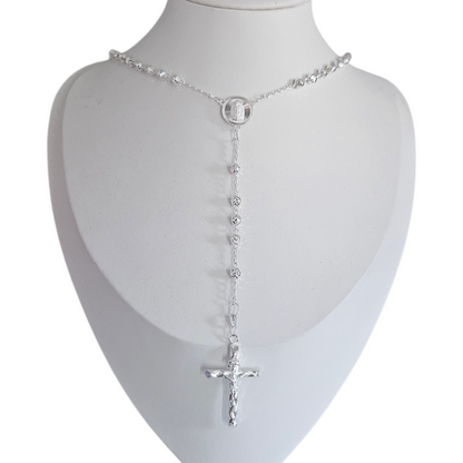 Rosary Necklace 20" Sterling Silver S925, 4MM Diamond Cut, Christian Religious Symbol,  Perfect Easter Holiday Gift