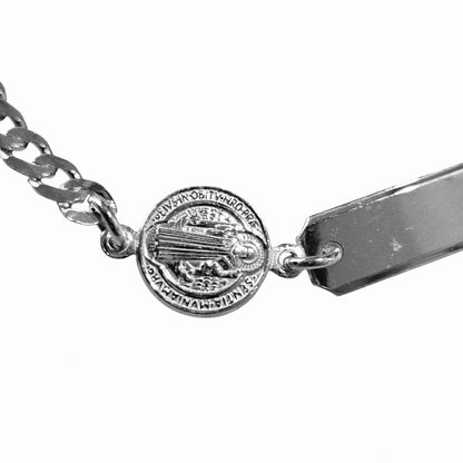 Cuban Kids ID Plate Bracelet with Saint Benedict Medallion 6"L Silver 925, Unisex- Great for older Kids 6 to 10 years