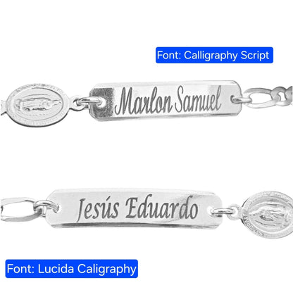 Kids ID Plate with Virgen Maria Silver Bracelet 6"L Silver 925, Figaro Unisex- Great for older Kids 6 to 10 years