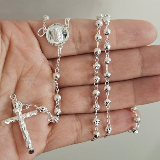Rosary Necklace 20" Sterling Silver S925, 4MM Diamond Cut, Christian Religious Symbol,  Perfect Easter Holiday Gift