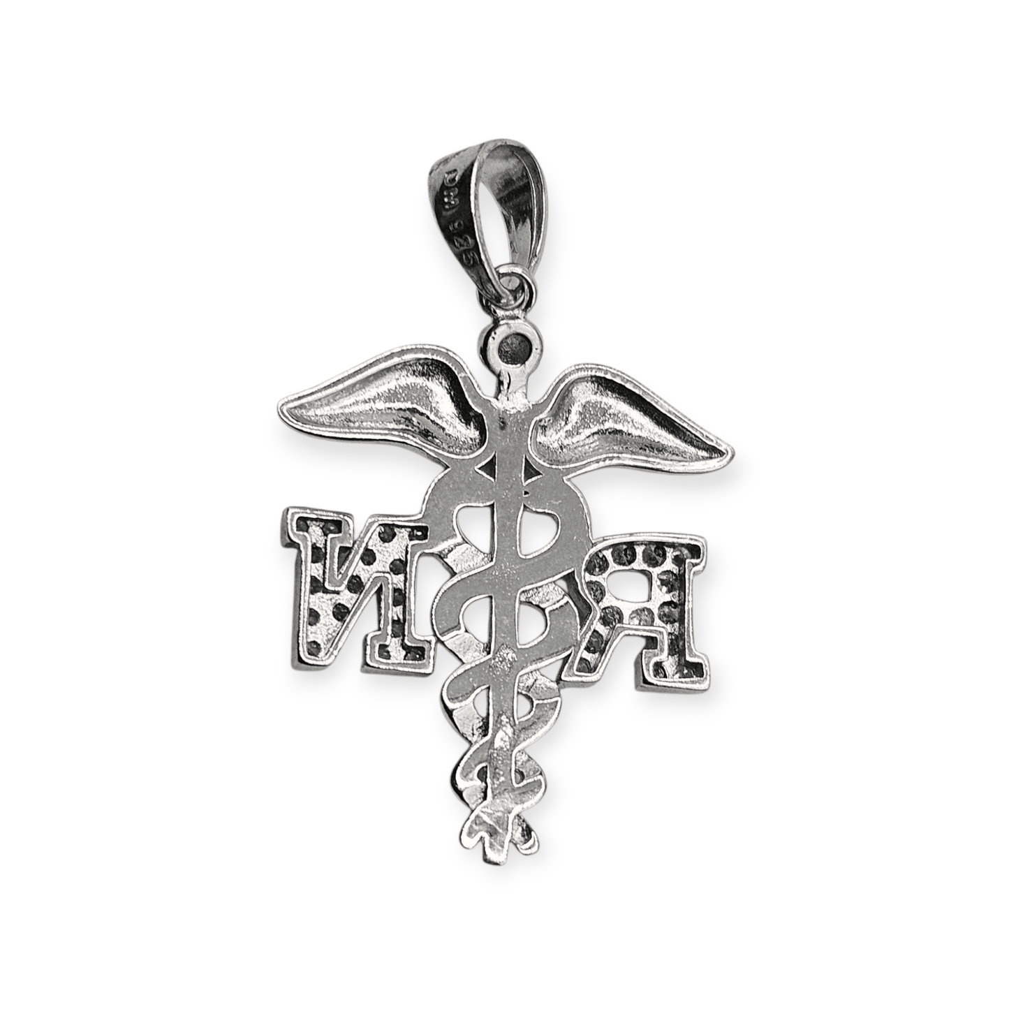 RN Silver Pendant with White Cubic Zirconia Stones