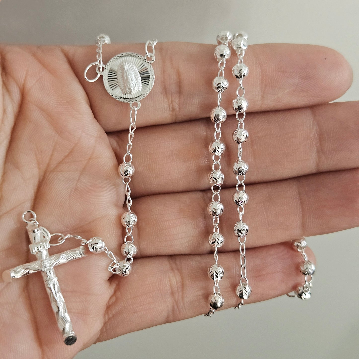Rosary Necklace 20" Sterling Silver S925, 4MM Diamond Cut, Christian Religious Symbol, Perfect Easter Holiday Gift