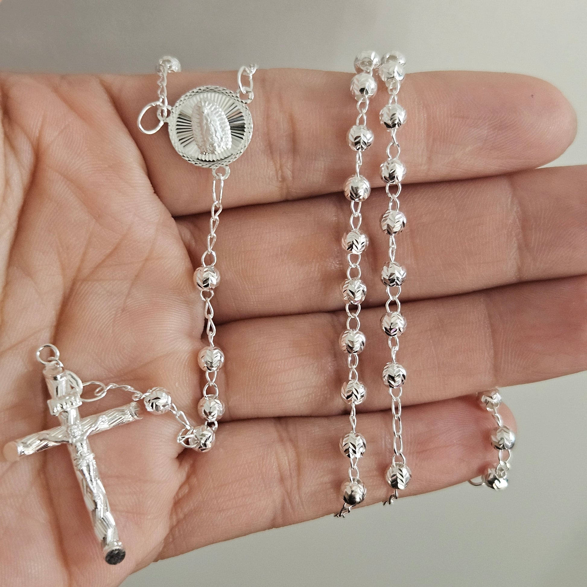 Rosary Necklace 20" Sterling Silver S925, 4MM Diamond Cut, Christian Religious Symbol, Perfect Easter Holiday Gift
