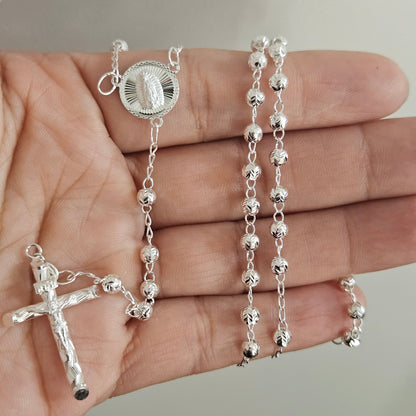 Rosary Necklace 20" Sterling Silver S925, 4MM Diamond Cut, Christian Religious Symbol, Perfect Easter Holiday Gift
