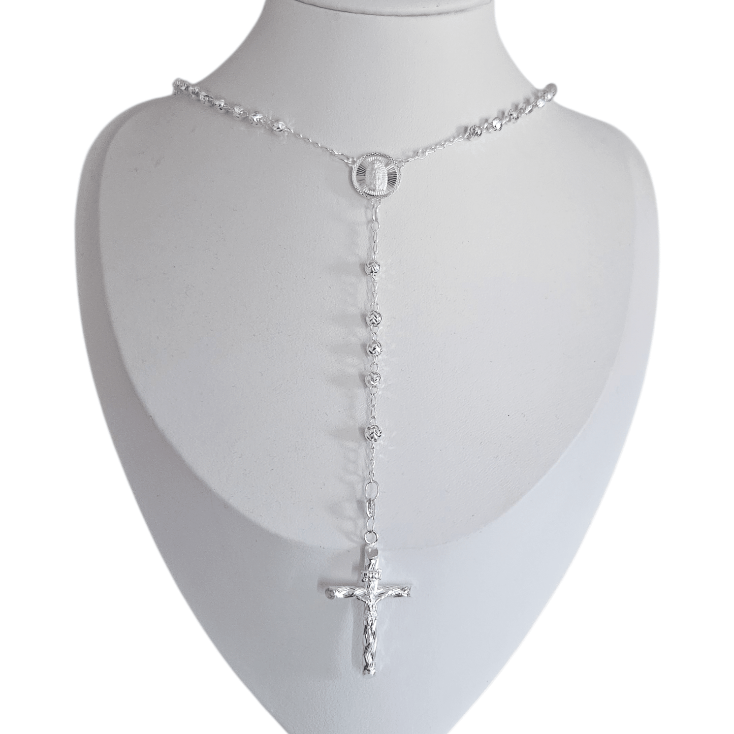 Rosary Necklace 20" Sterling Silver S925, 4MM Diamond Cut, Christian Religious Symbol, Perfect Easter Holiday Gift