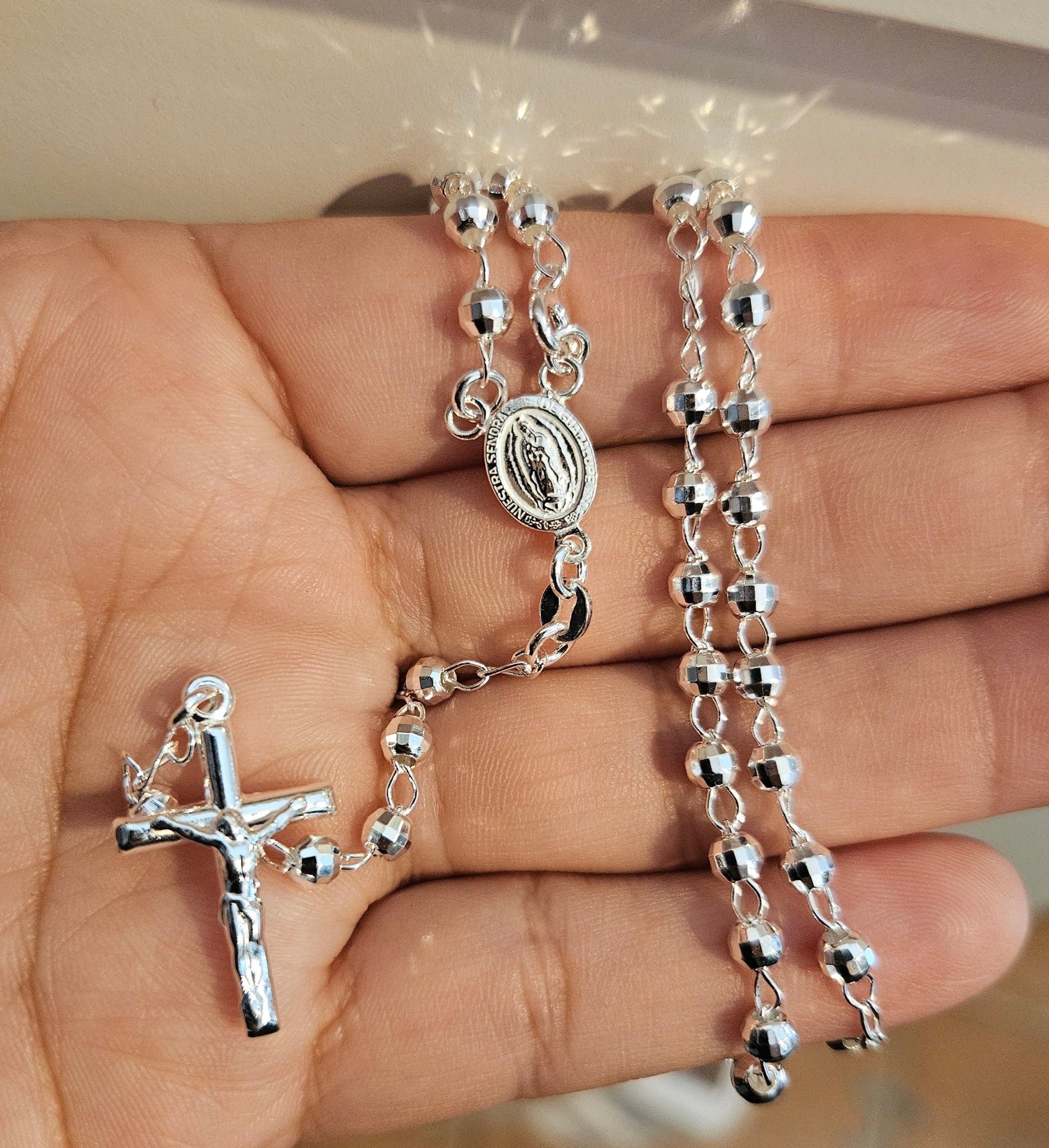 Rosary Necklace Sterling Silver 4mm Beads, Available in 18", 20", 22" and 24" Length