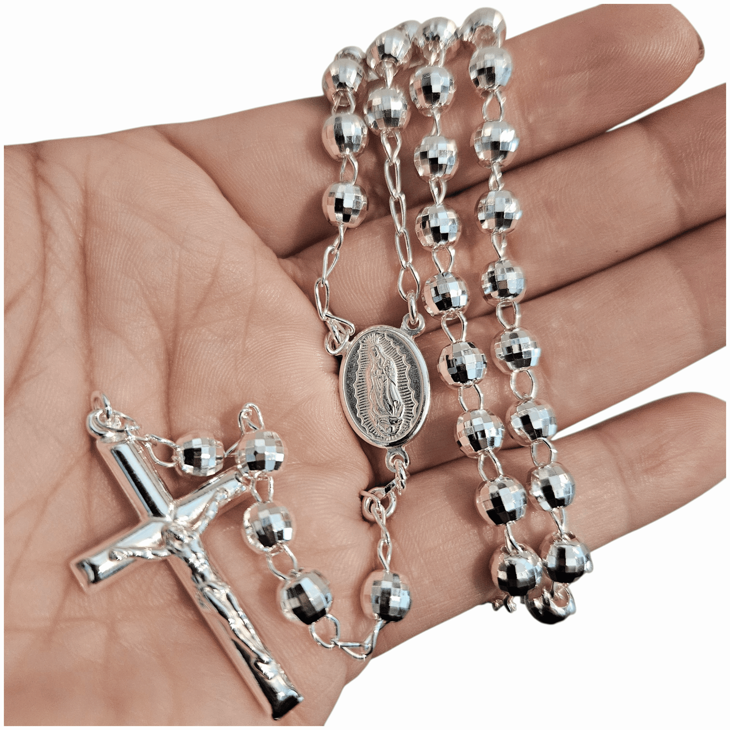 Rosary Necklace Sterling Silver 6mm Beads, Available in 24" and 26" Length