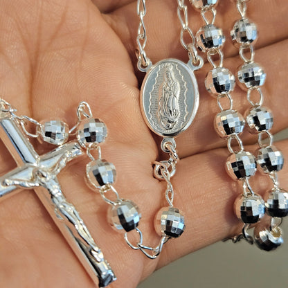 Rosary Necklace Sterling Silver 6mm Beads, Available in 24" and 26" Length