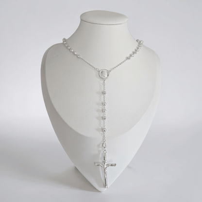 Rosary Necklace Sterling Silver S925 22", 4MM Diamond Cut, Christian Religious Symbol, Perfect Easter Holiday Gift