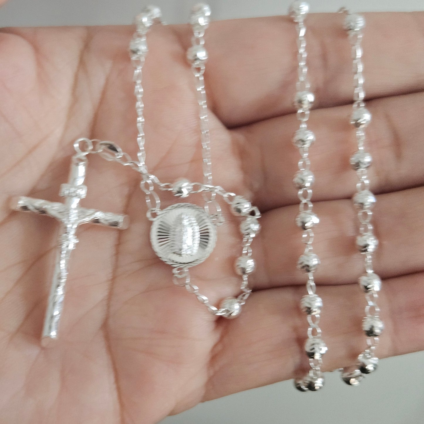 Rosary Necklace Sterling Silver S925 22", 4MM Diamond Cut, Christian Religious Symbol, Perfect Easter Holiday Gift