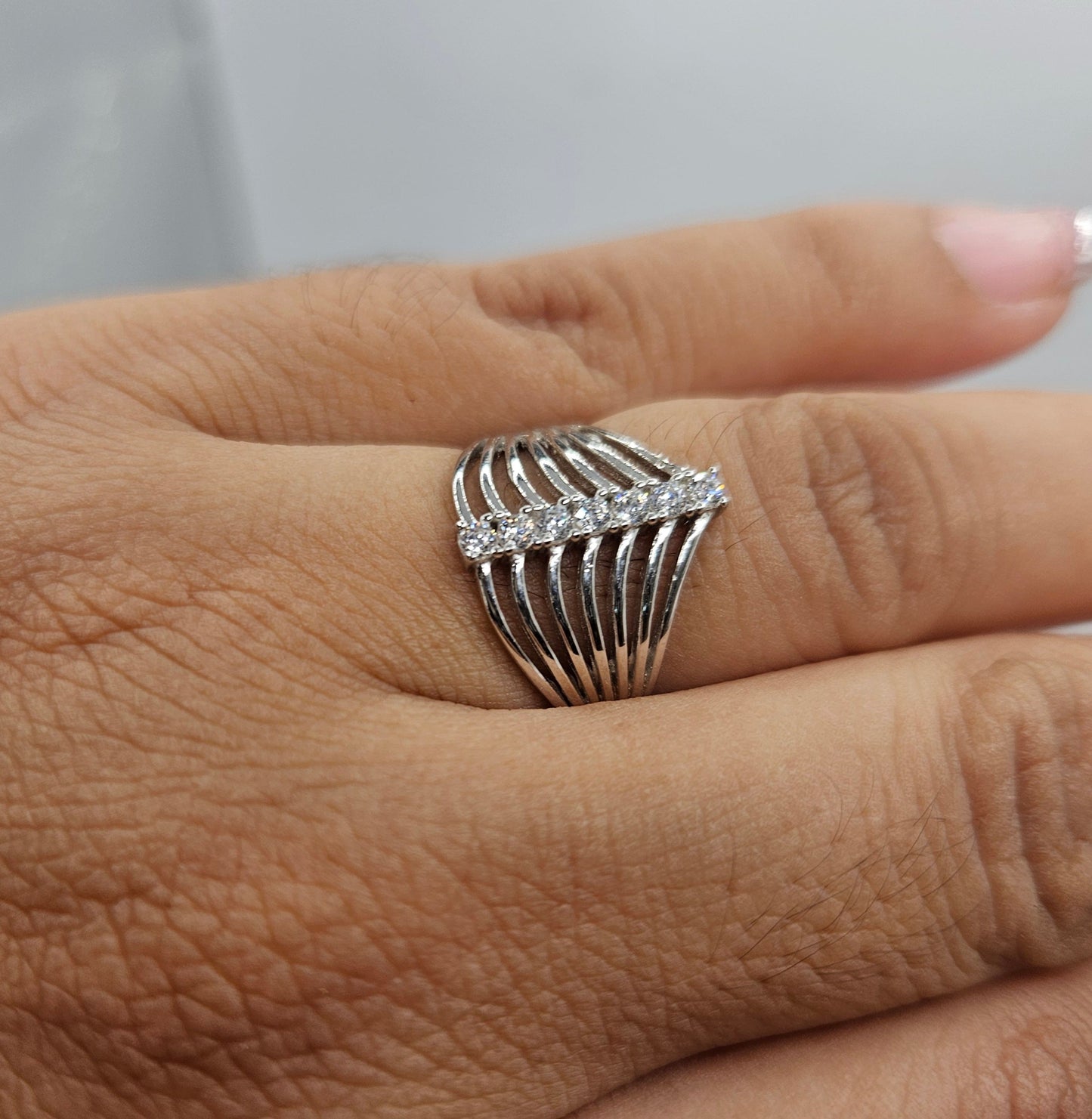 Seven Layer Silver 925 Ring with White Cubic Zirconia Stones