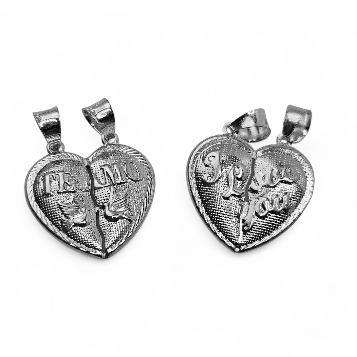 Silver 925 Breakable Heart 2 Piece Couple's Pendant with I Love You or Te Amo