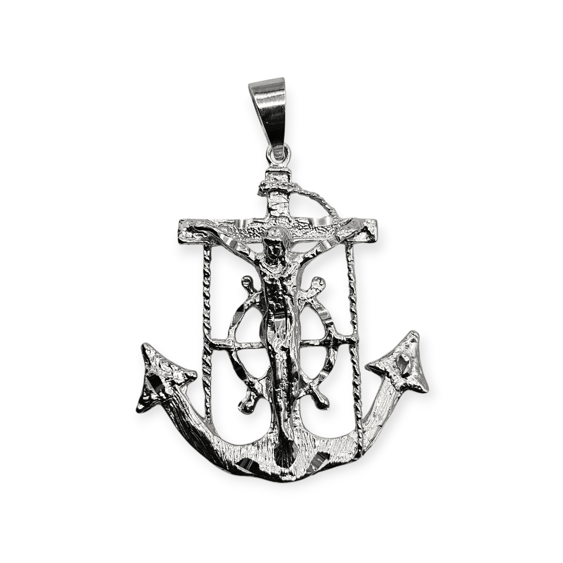 Silver Anchor Crucifix Large Pendant Diamond Cut