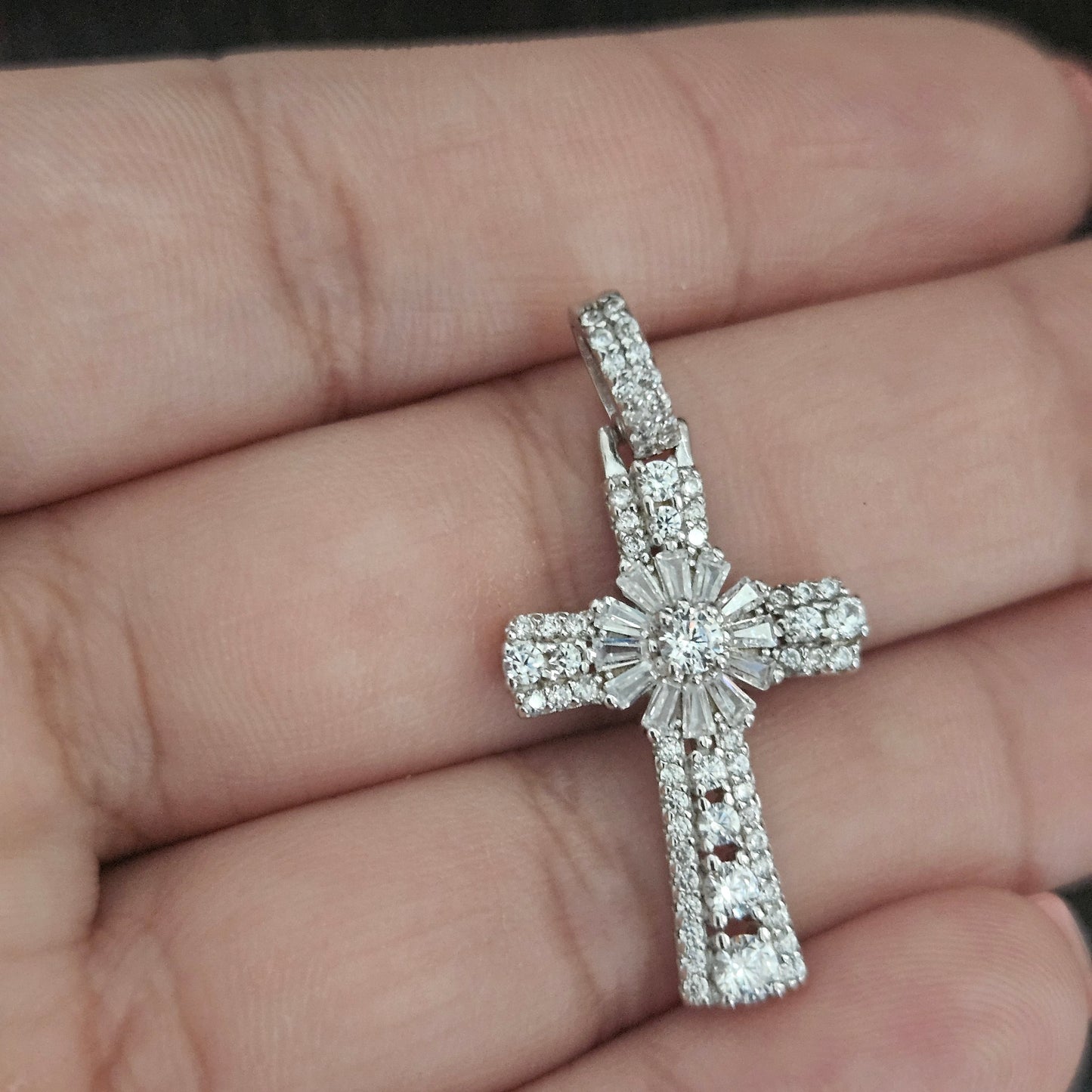 Silver Cross Pendant Sparkling White Cubic Zirconia Stones Round Bail