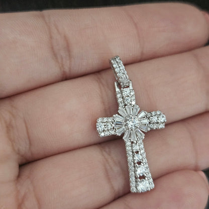 Silver Cross Pendant Sparkling White Cubic Zirconia Stones Round Bail