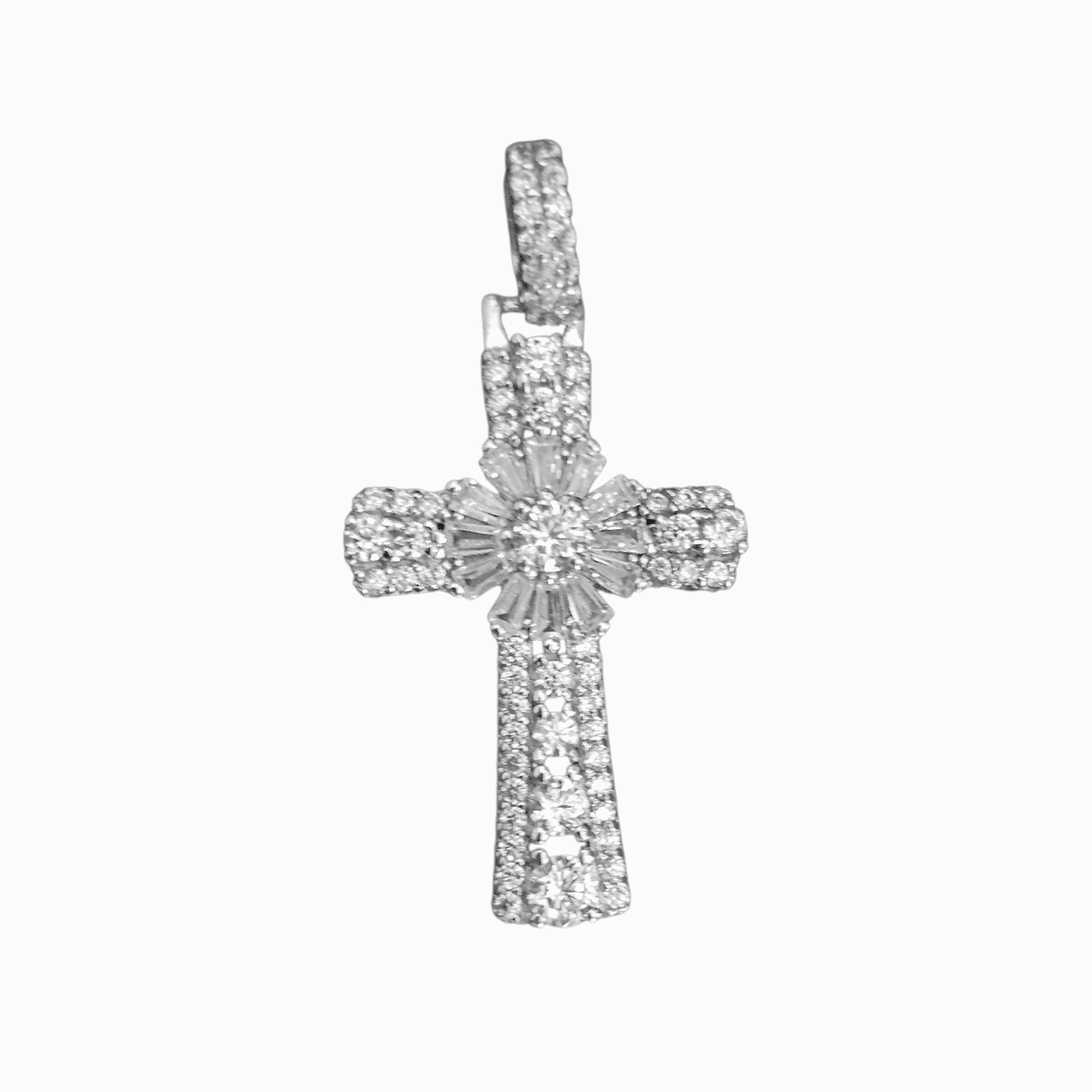 Silver Cross Pendant Sparkling White Cubic Zirconia Stones Round Bail