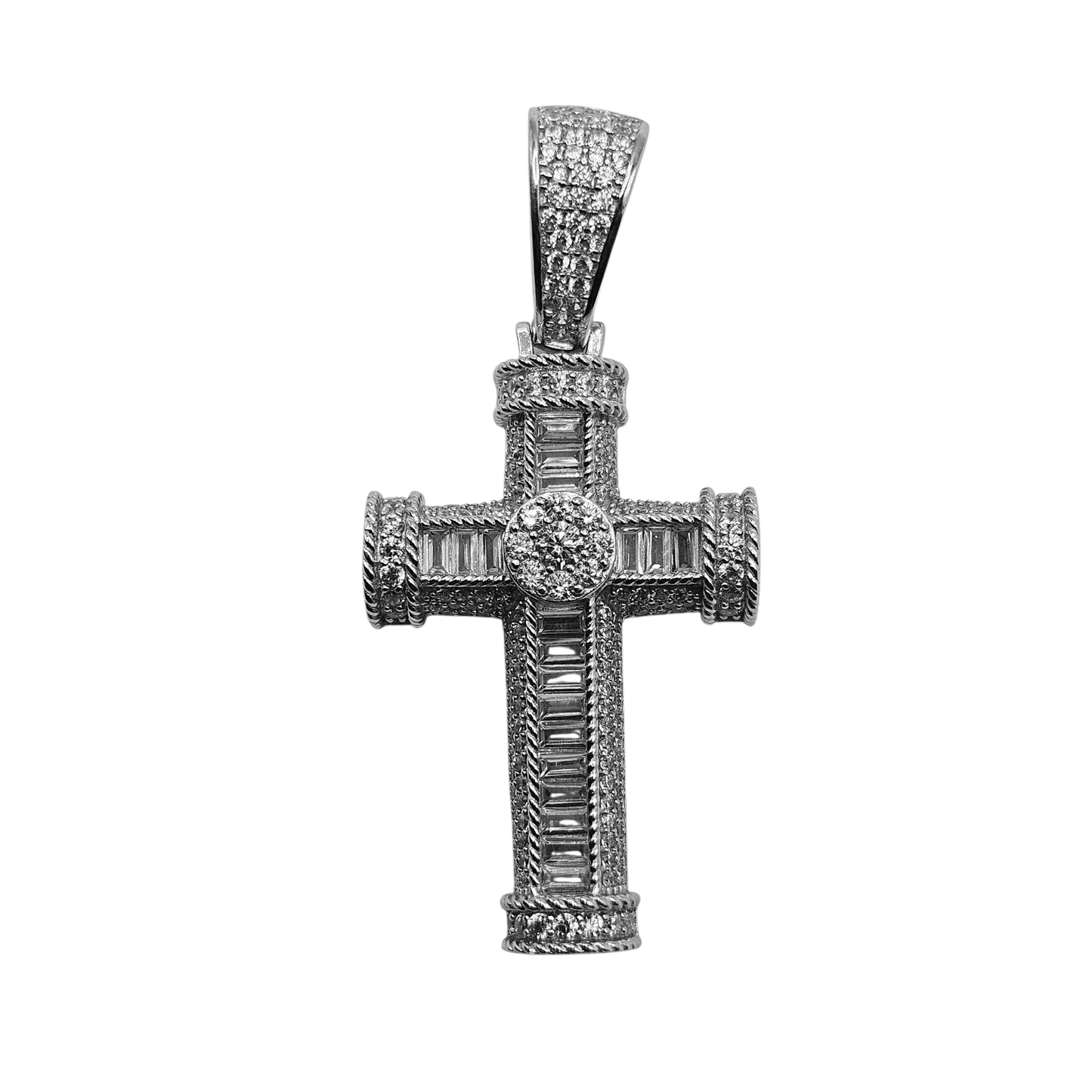 Silver Cross Pendant with Cubic Zirconia for Men or Women with Large Bail for Big Chains
