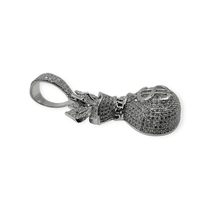 Silver Money Bag Pendant 3D Design 925 Silver with Large Bail for Big Chains