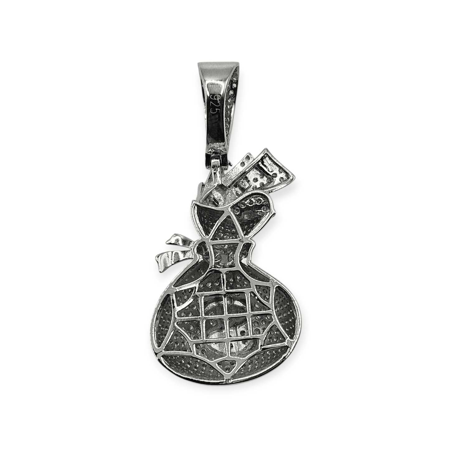 Silver Money Bag Pendant 3D Design 925 Silver with Large Bail for Big Chains