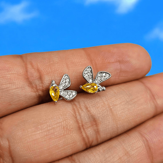 Small Bee With Yellow Birthstone Silver 925 Stud Earrings