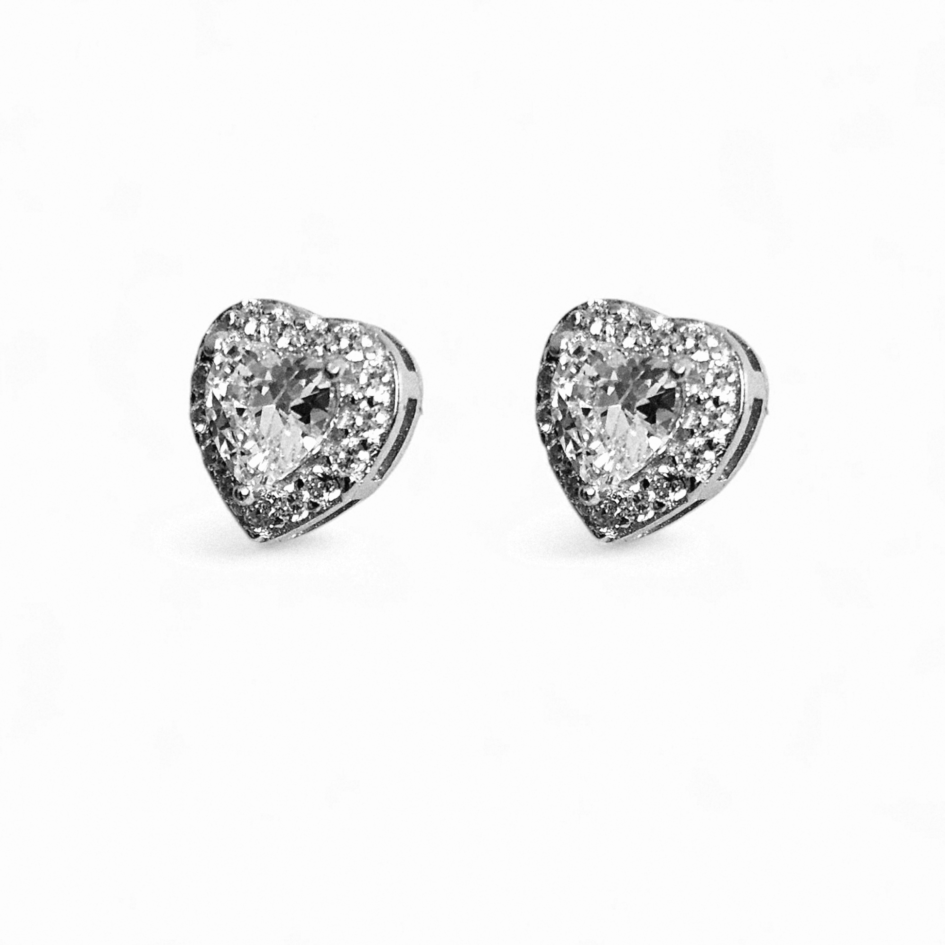 Small Heart Shape Stud Earrings Silver 925 CZ Stones