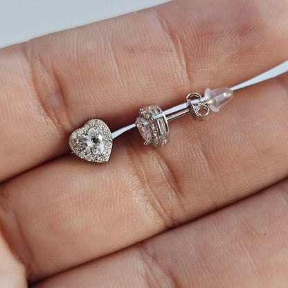 Small Heart Shape Stud Earrings Silver 925 CZ Stones
