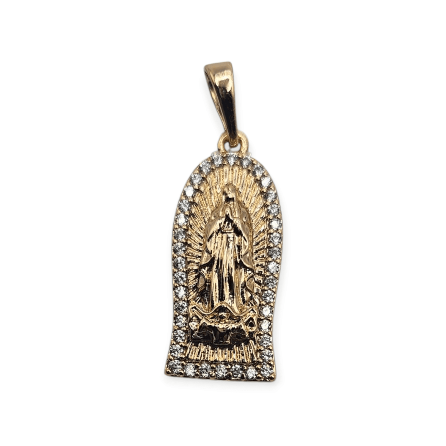 Virgen De Guadalupe Rose Gold Plated Pendant White CZ Stones