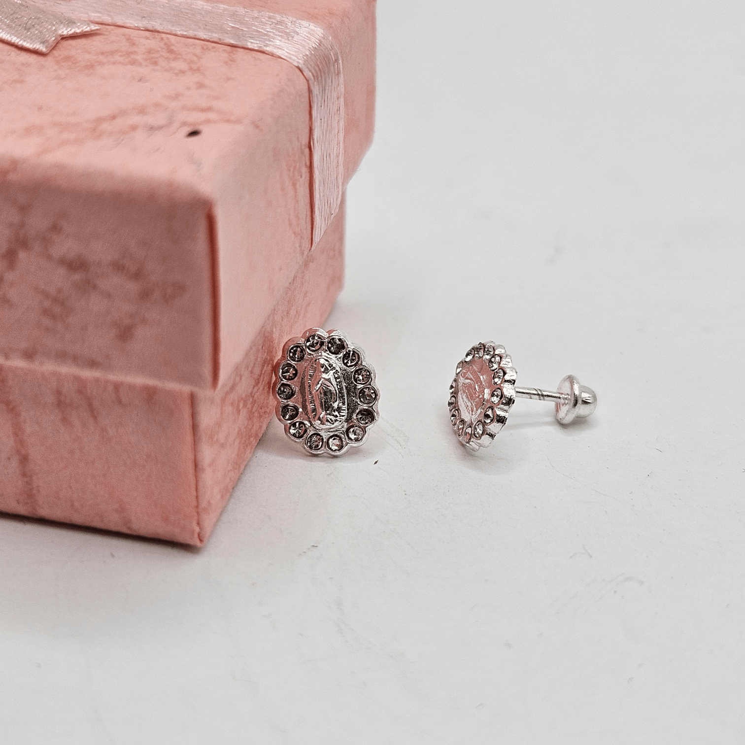 Virgen De Guadalupe S925 Silver Baby Earrings with White CZ