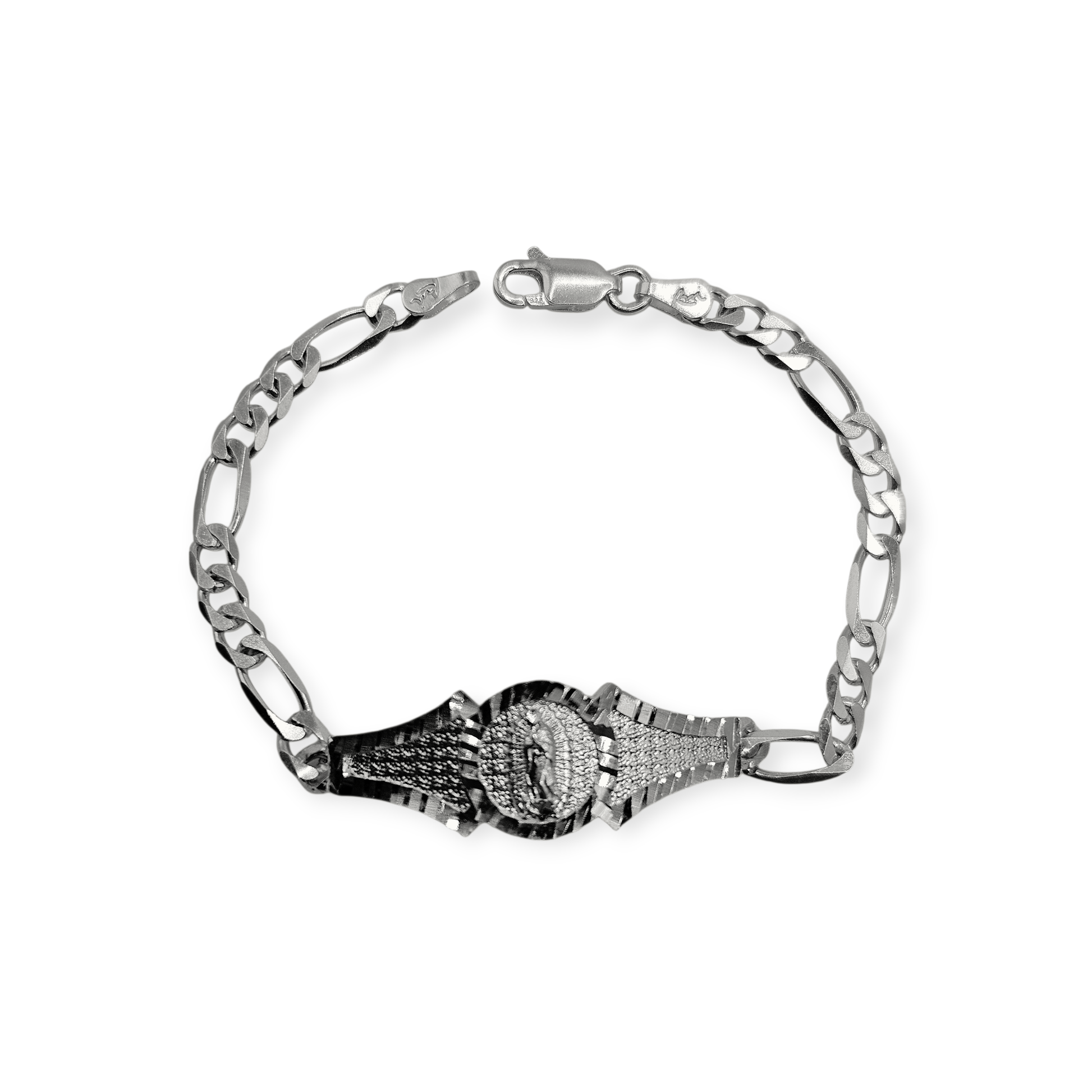 Virgen Maria Kids 7"L Silver 925 Bracelet Figaro Unisex - Great for older Kids 8 years or older