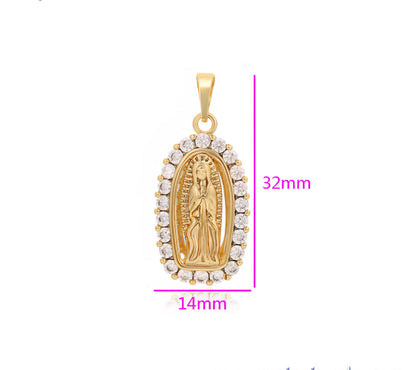 Virgin Mary 14K Gold Plated Pendant CZ Unisex Virgen de Guadalupe