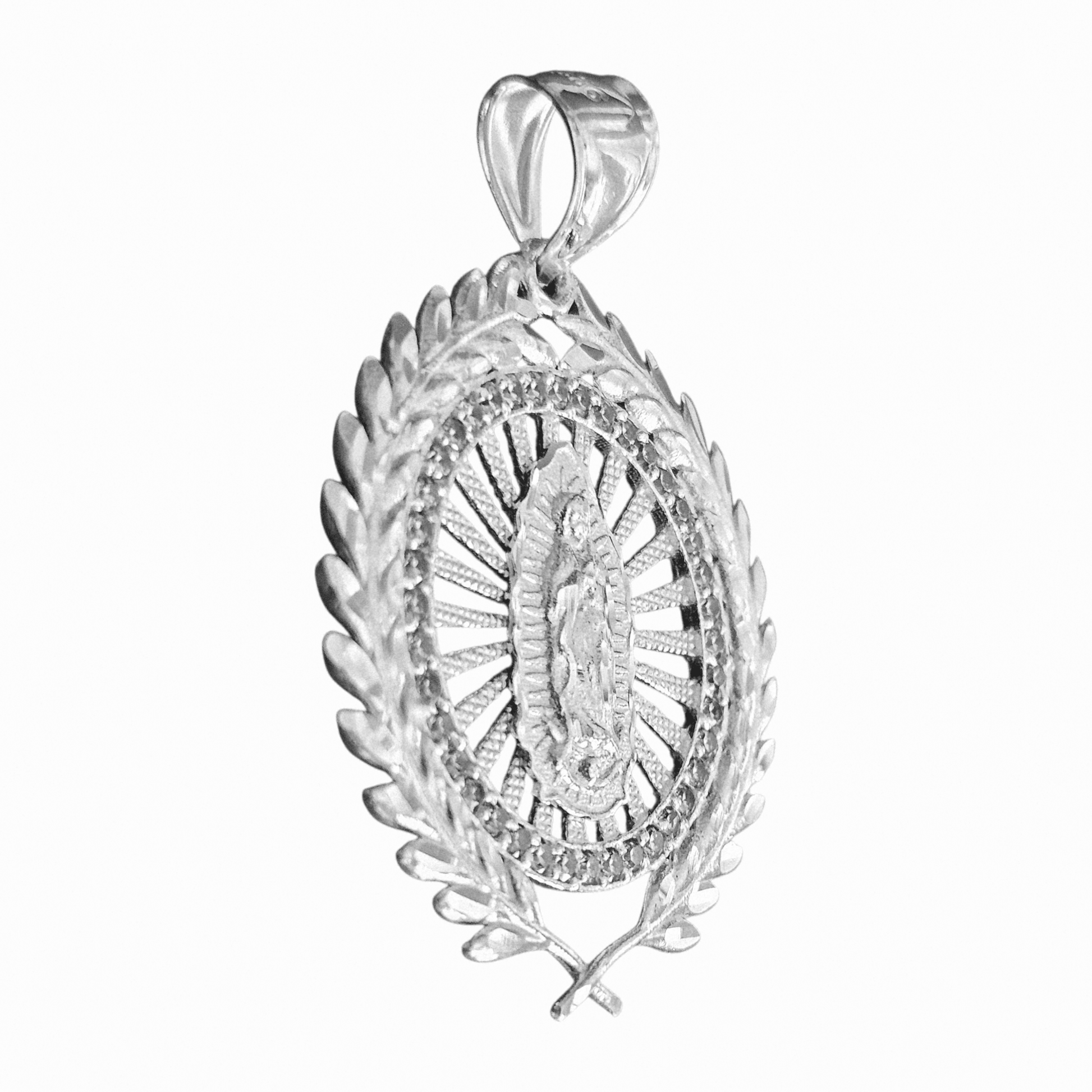 Virgin Mary Laurel Wreath Round Pendant Silver Virgen Maria Dije de Plata 925