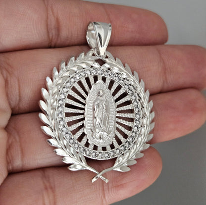 Virgin Mary Laurel Wreath Round Pendant Silver Virgen Maria Dije de Plata 925