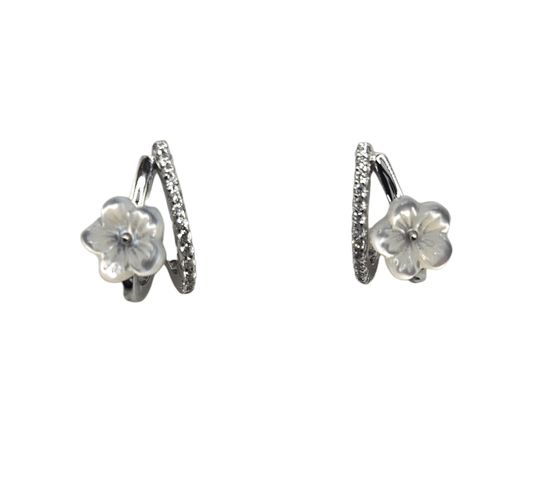 White Opal Flower Stud Cuff Earrings with Cubic Zirconia