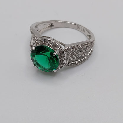 Round Emerald Lab-Created Stone with CZ Silver .925 Ring