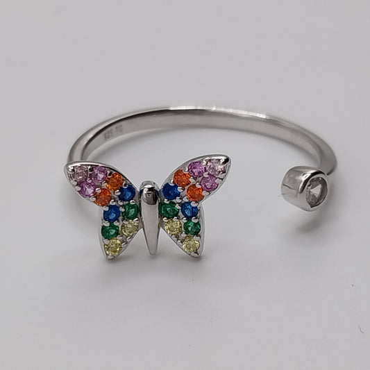 Anillo de plata 925 con diseño abierto de mariposa colorida y piedras creadas en laboratorio