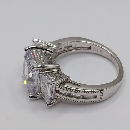 Three-Stone White Emerad Cut Cubic Zirconia Stones Ring 925 Silver