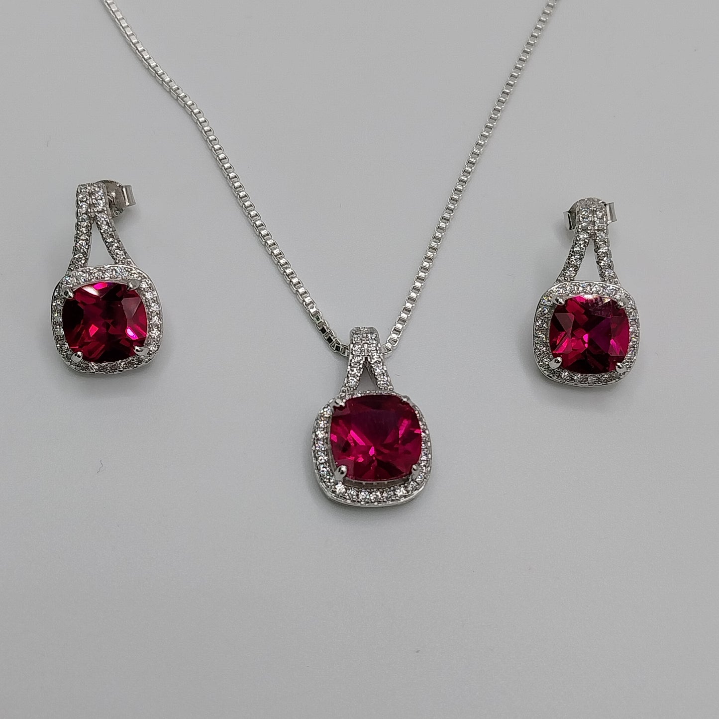 Princess Style Earrings and Necklace Set with CZ Stones and Box Style Chain
