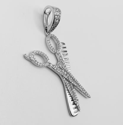 Scissors and Hair Comb Pendant Silver 925 with Cubic Zirconia's