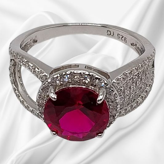 Round Ruby Lab-Created Stone with CZ Silver .925 Ring